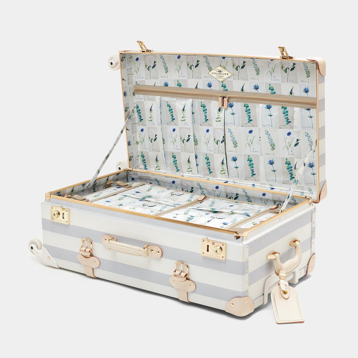 Blue Illustrator Check In Spinner, open with wildflower lining