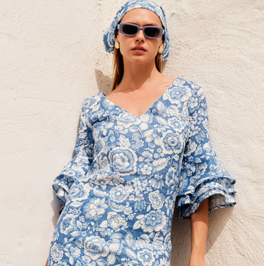 V Neck Printed Linen Dress with Frill Sleeve