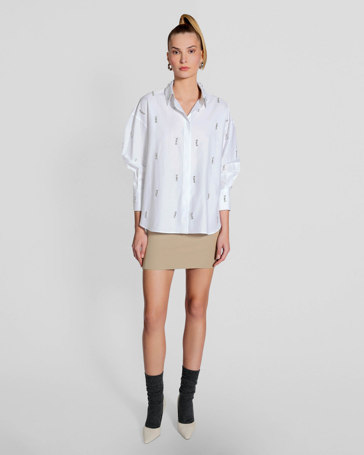 White Echo Stripe Crystal Boyfriend Shirt