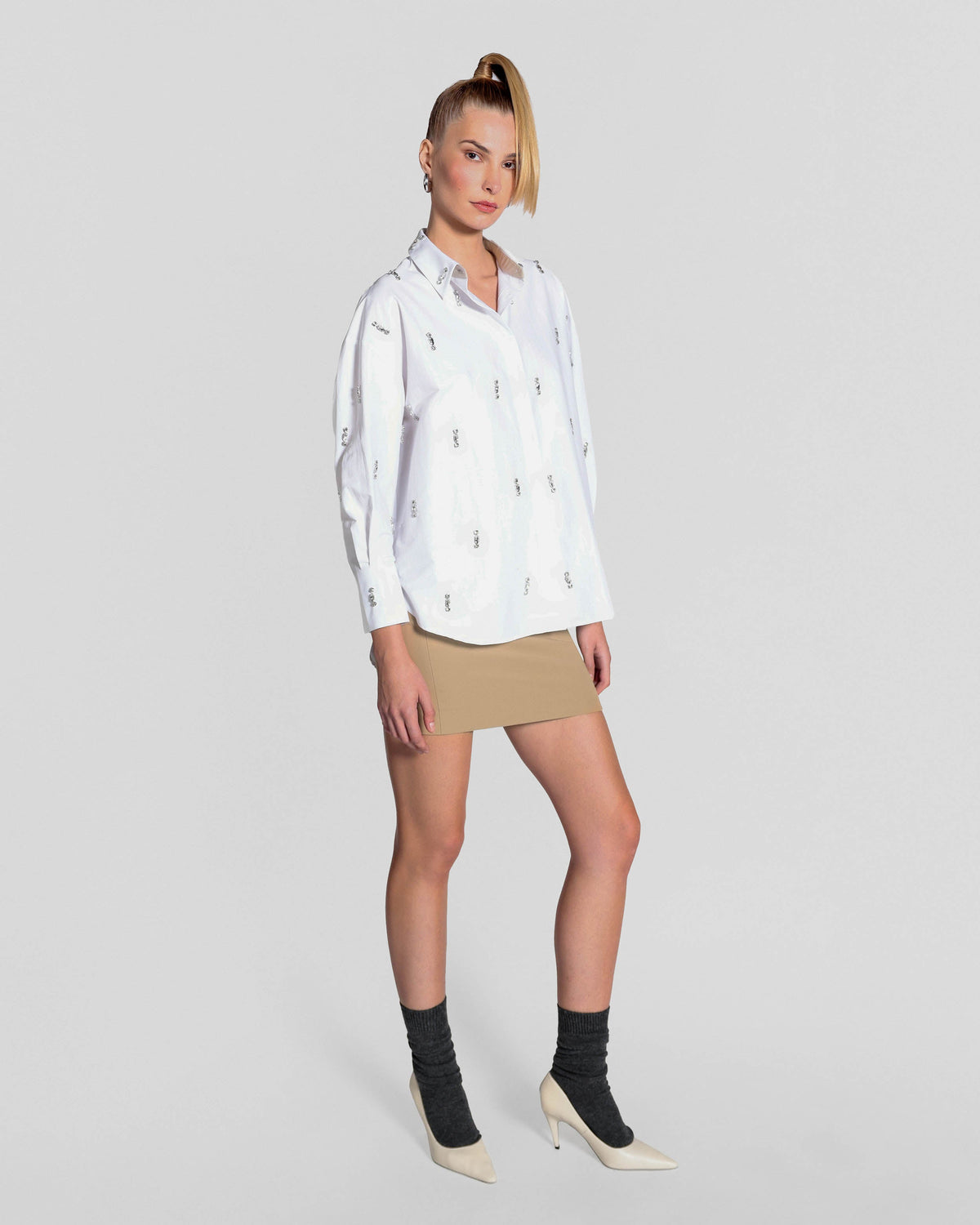 White Echo Stripe Crystal Boyfriend Shirt