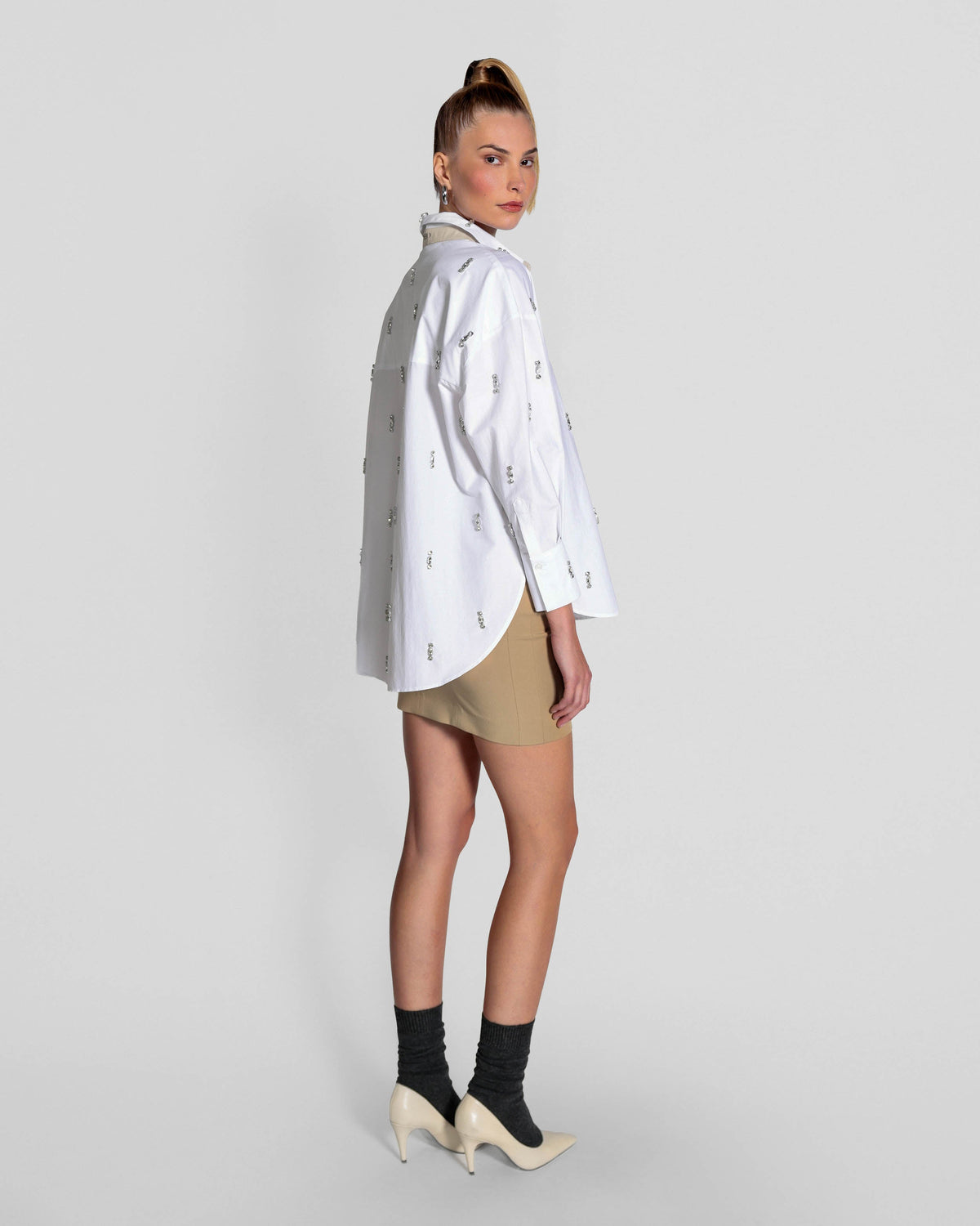 White Echo Stripe Crystal Boyfriend Shirt