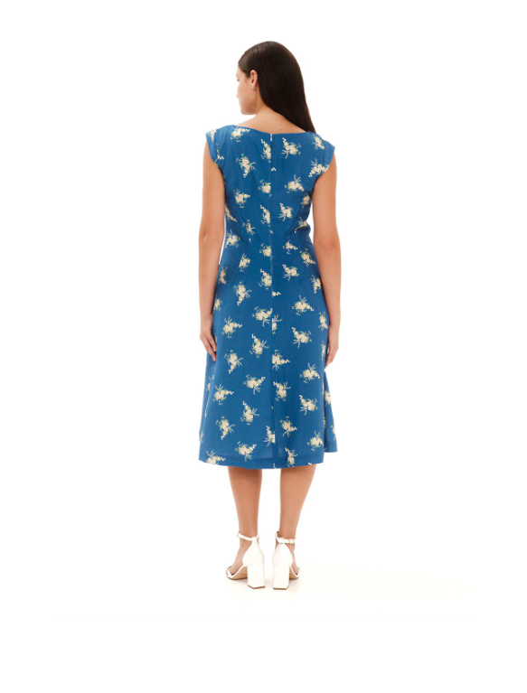 Printed A Line Midi Linen Blend Dress Aetherial Blue