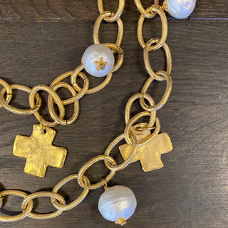 Gold Cross Coin On Freshwater Pearl Necklace