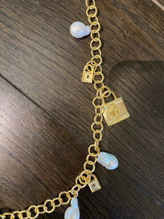 32" Gold Lock & Freshwater Pearl Charm Necklace