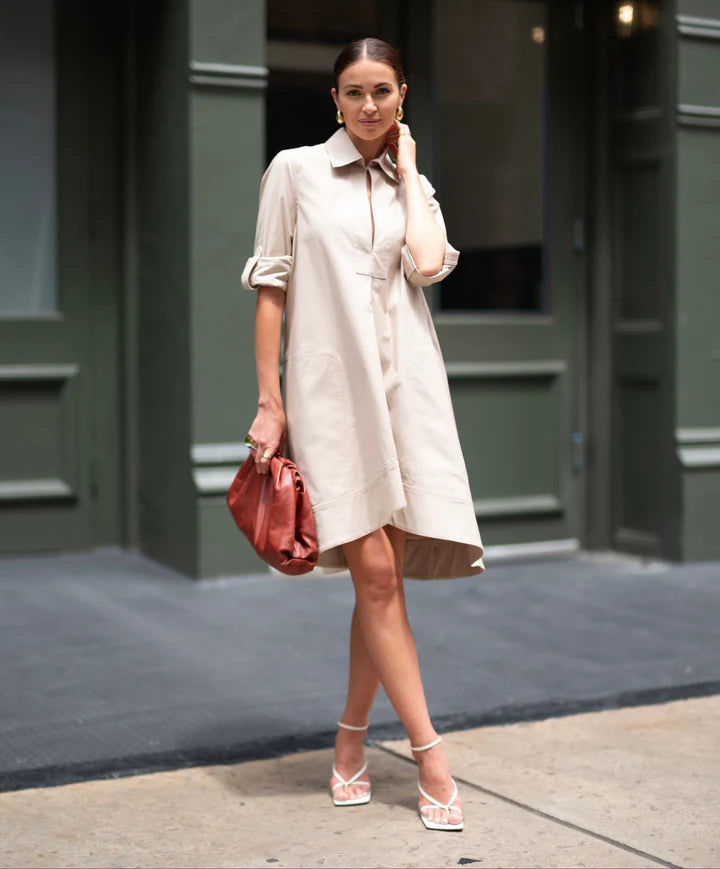 Beige Cotton Midi Tunic Dress