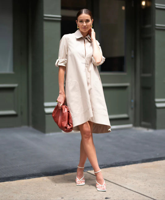 Beige Cotton Midi Tunic Dress