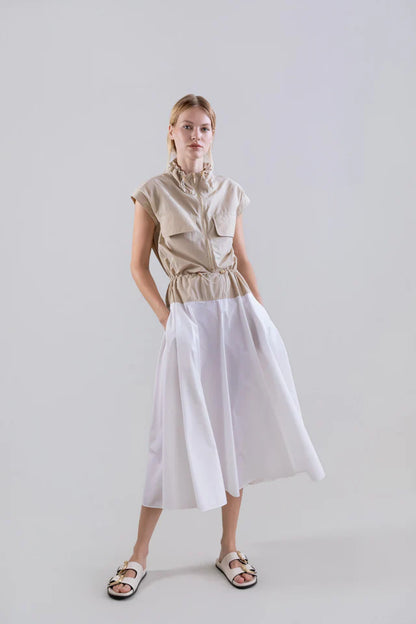 Bi-Color Sleeveless Dress with Adjustable Funnel Neck
