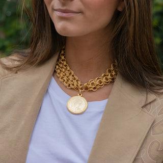 Gold Diana Coin On 3 - Strand Gold Double Chain Choker Necklace
