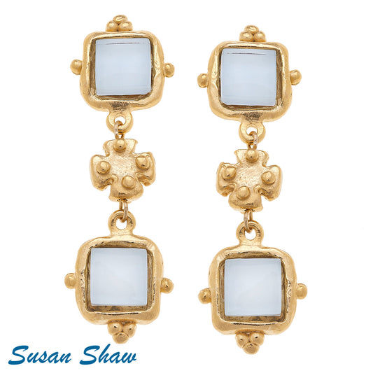 White French Glass Gold Cross Bead Earrings