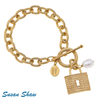 Gold Lock & Frshwater Pearl Chain Toggle Bracelet