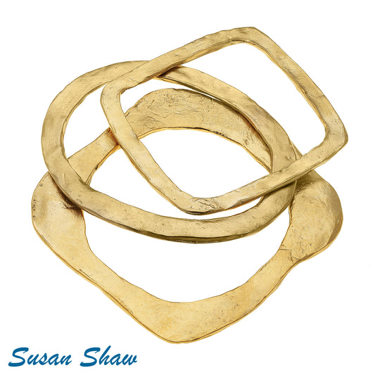 Set Of Three Flat Shaped Hand Cast Gold Bangles