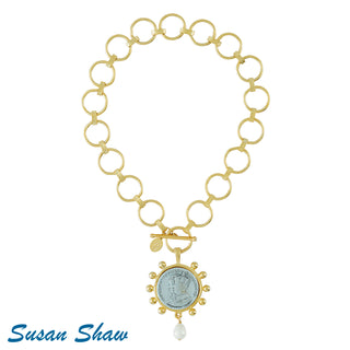 Gold Silver Coin Freshwater Pearl Link Chain Necklace