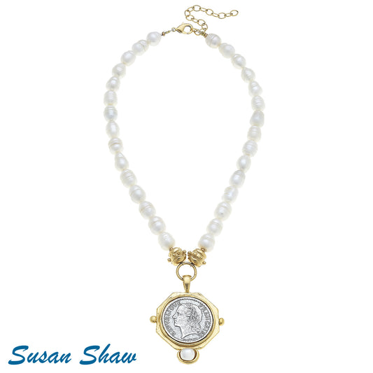 Gold French Franc Coin Freshwater Pearl Necklace