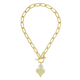 Gld Handcast Heart W/ Cluster Freshwater Pearl & Chn Toggle Nk