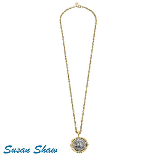 Long Gold Chain and Horse Coin Necklace