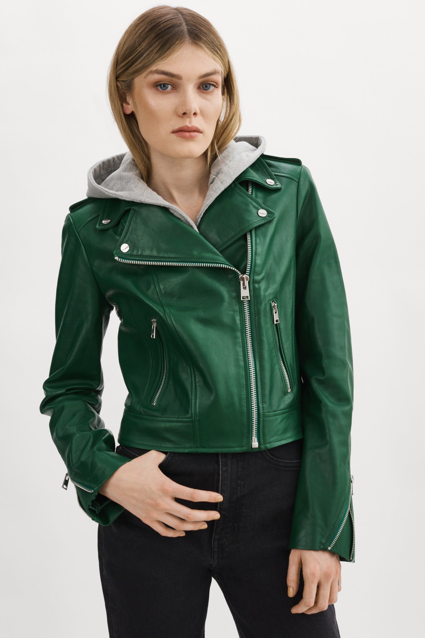 Holy Sweatshirt Leather Biker Jacket With Removable Hood